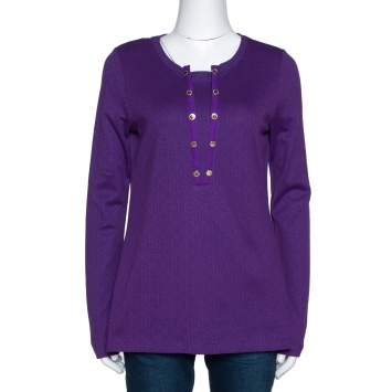 Pre Owned CH Carolina Herrera Purple Logo Patterned Cotton Long Sleeve Top L