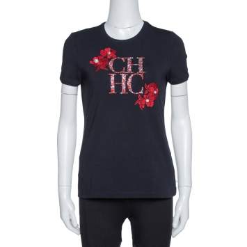 Pre Owned CH Carolina Herrera Black Cotton Logo Embellished T-Shirt S
