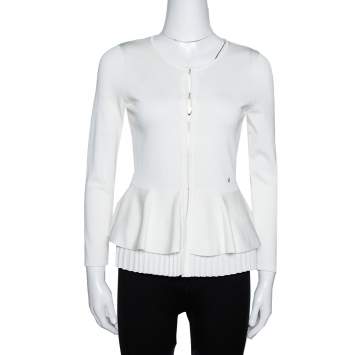 Pre Owned CH Carolina Herrera Off White Knit Peplum Cardigan XS