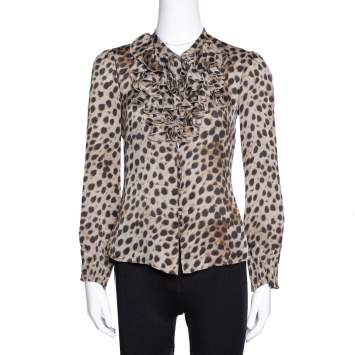 Pre Owned CH Carolina Herrera Brown Leopard Print Silk Ruffled Blouse S