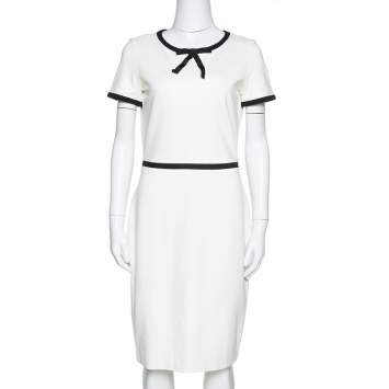 Pre Owned CH Carolina Herrera Off White Jersey Bow Detail Sheath Dress S