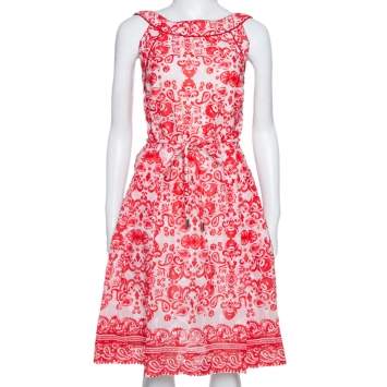 مملوكة مسبقًا CH Carolina Herrera Red & White Floral Print Cotton Sleeveless Dress L