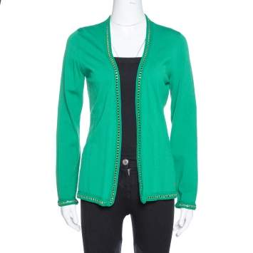 Pre Owned CH Carolina Herrera Green Knit Metal Detail Open Front Cardigan S