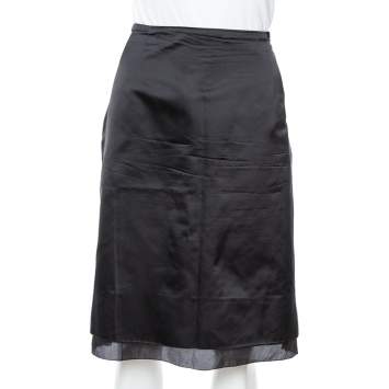 Pre Owned CH Carolina Herrera Black Satin Silk Pleat Underlay Skirt L
