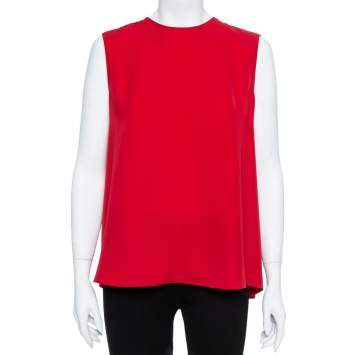 Pre Owned CH Carolina Herrera Red Plisse Back Sleeveless Blouse M