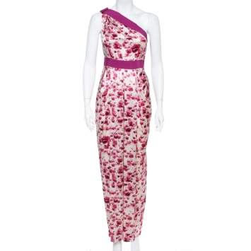 مملوكة مسبقًا CH Carolina Herrera Floral Print Silk Satin One Shoulder Maxi Dress S