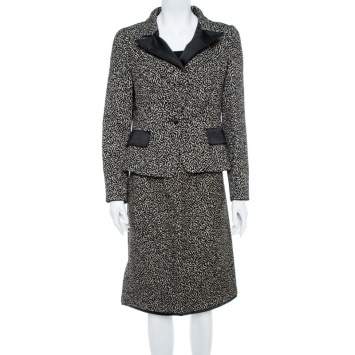 Pre Owned CH Carolina Herrera Monochrome Embossed Jacquard Satin Blazer & Skirt Set L