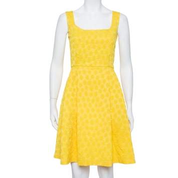 Pre Owned CH Carolina Herrera Yellow Embossed Jacquard Pleated Sleeveless Midi Dress M