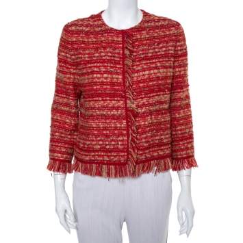 Pre Owned CH Carolina Herrera Red & Beige Tweed Collarless Jacket M