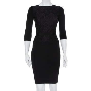 مملوكة مسبقًا CH Carolina Herrera Black Knit Floral Lace Overlay Long Sleeve Belted Dress S