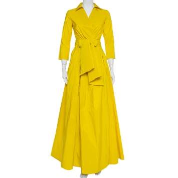 مملوكة مسبقًا CH Carolina Herrera Yellow Pleated Maxi Wrap Dress M