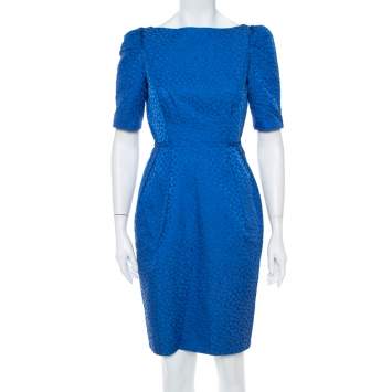 مملوكة مسبقًا CH Carolina Herrera Blue Textured Cotton Sheath Dress S