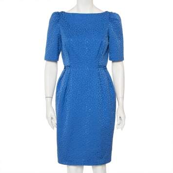 Pre Owned CH Carolina Herrera Blue Embossed Cotton Sheath Dress M