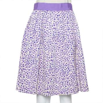 Pre Owned CH Carolina Herrera Beige & Purple Printed Silk & Cotton Pleated Skirt M