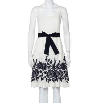 مملوكة مسبقًا CH Carolina Herrera White Line Contrast Floral Embroidered Flared Belted Midi Dress S