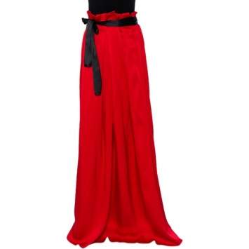 Pre Owned CH Carolina Herrera Red Silk Satin Contrast Belted Paper Bag Waist Maxi Skirt S