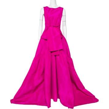 مملوكة مسبقًا CH Carolina Herrera Magenta Taffeta Bow Tie Detail Asymmetric Hem Gown M