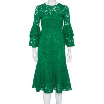 مملوكة مسبقًا CH Carolina Herrera Green Lace Bell Sleeve Detail Midi Dress S