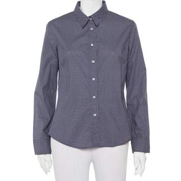 Pre Owned CH Carolina Herrera Navy Blue Logo Printed Cotton Button Front Shirt L