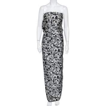 مملوكة مسبقًا CH Carolina Herrera Monochrome Floral Jacquard Bow Detail Strapless Gown L