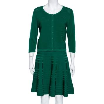 Pre Owned CH Carolina Herrera Green Knit Button Front Top & Skirt Set M