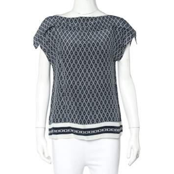 Pre Owned CH Carolina Herrera Navy Blue Printed Silk Blend Cowl Neck Top XS