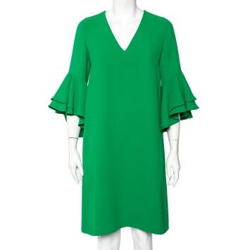 مملوكة مسبقًا CH Carolina Herrera Green Crepe Ruffled Sleeve Shift Dress S