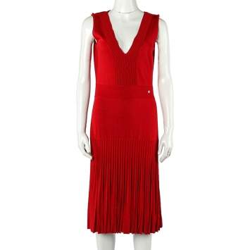مملوكة مسبقًا CH Carolina Herrera Red Rib Knit Flared Dress M