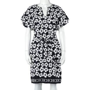 Pre Owned CH Carolina Herrera Navy Blue Floral Print Silk & Linen Belted Dress S