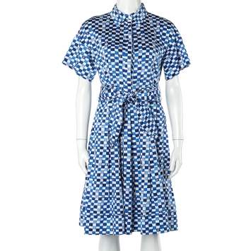 Pre Owned CH Carolina Herrera Blue Logo Grid Print Cotton Belted Dress S