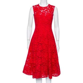 مملوكة مسبقًا CH Carolina Herrera Red Lace Sleeveless Flared Midi Dress S