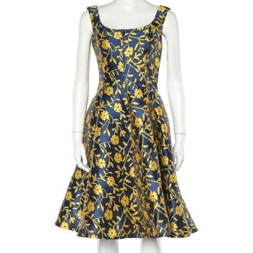 مملوكة مسبقًا CH Carolina Herrera Blue & Yellow Floral Jacquard Sleeveless Flared Dress M