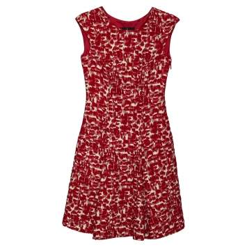 Pre Owned CH Carolina Herrera Red Wool Jacquard Paneled Pleated Dress S
