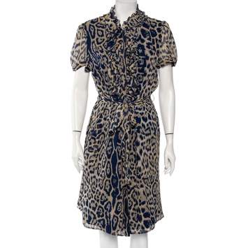 مملوكة مسبقًا CH Carolina Herrera Blue Silk Ruffled Detail Leopard Print Belted Dress L