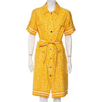 مملوكة مسبقًا CH Carolina Herrera Yellow Cotton Abstract Printed Short Sleeve Shirt Dress XL