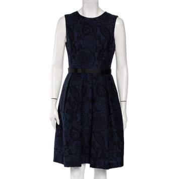 مملوكة مسبقًا CH Carolina Herrera Navy Blue Brocade Pleated Detail Mini Dress M