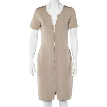 Pre Owned CH Carolina Herrera Beige Knit Zip Front Fitted Dress M