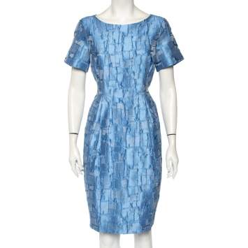 مملوكة مسبقًا CH Carolina Herrera Blue Textured Silk Flared Mini Dress L