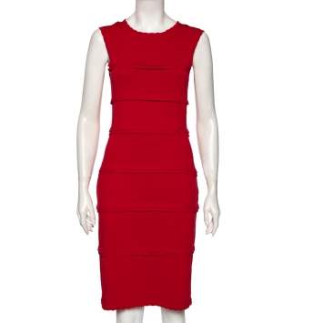 مملوكة مسبقًا CH Carolina Herrera Red Knit Frill Detailed Sleeveless Dress M