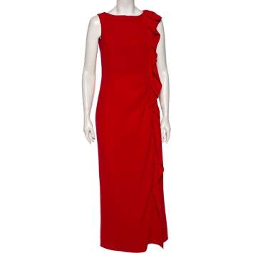 مملوكة مسبقًا CH Carolina Herrera Red Crepe Ruffle Detail Sleeveless Maxi Dress M
