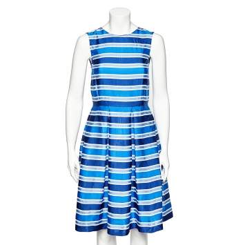 Pre Owned CH Carolina Herrera Blue Striped Silk Sleeveless Pleated Dress M