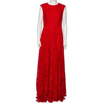مملوكة مسبقًا CH Carolina Herrera Red Floral Lace Sleeveless Maxi Dress M