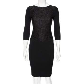 Pre Owned CH Carolina Herrera Black Knit Floral Lace Overlay Pencil Dress S
