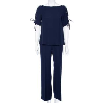Pre Owned CH Carolina Herrera Navy Blue Crepe Tie-Up Detailed Suit Set M
