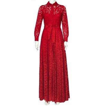 مملوكة مسبقًا CH Carolina Herrera Red Floral Lace Buttoned Maxi Shirt Dress S