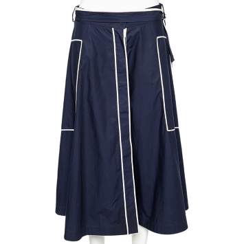 Pre Owned CH Carolina Herrera Navy Blue Cotton Contrast Detail Belted Midi Skirt M