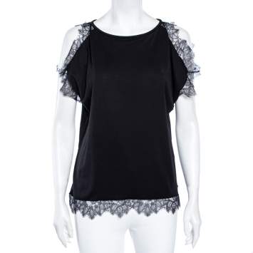 Pre Owned CH Carolina Herrera Black Cotton & Lace Trimmed Top L 