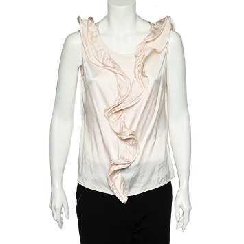 Pre Owned CH Carolina Herrera Pink Silk Satin Ruffled Sleeveless Top L