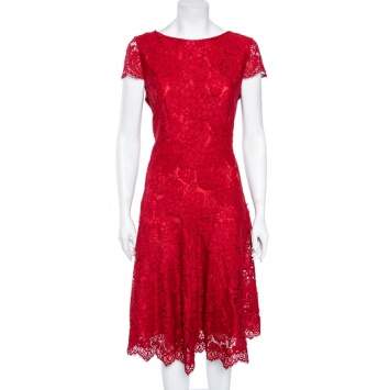 مملوكة مسبقًا CH Carolina Herrera Red Lace Paneled Sleeveless Sheath Dress L