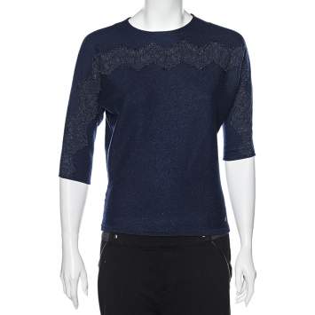 Pre Owned CH Carolina Herrera Navy Blue Wool & Lace Trim Detailed Jumper S